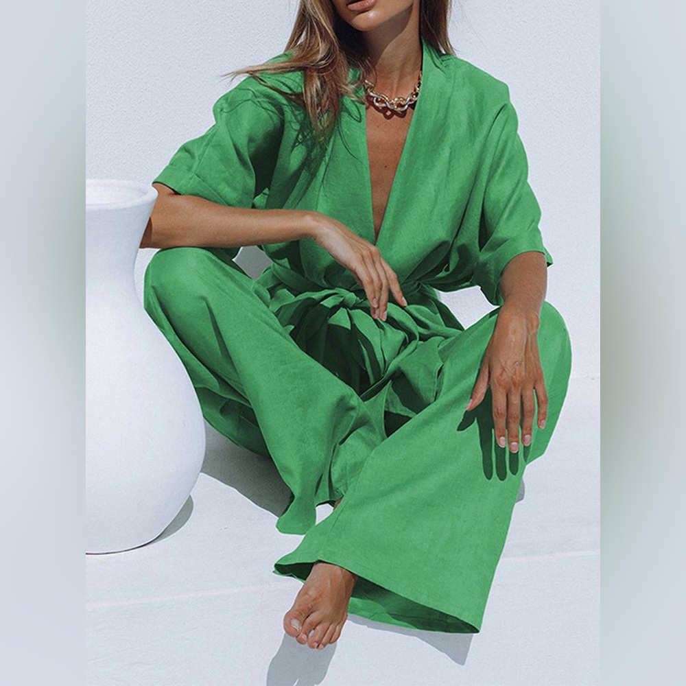Commense Oversized Cotton Linen Tie Two Piece Set Wide Pants Vibrant Green Small